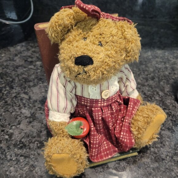 Vintage Teddy Bear Bookend - Red Gingham Dress & Bow Holding an Apple - Picture 8 of 16